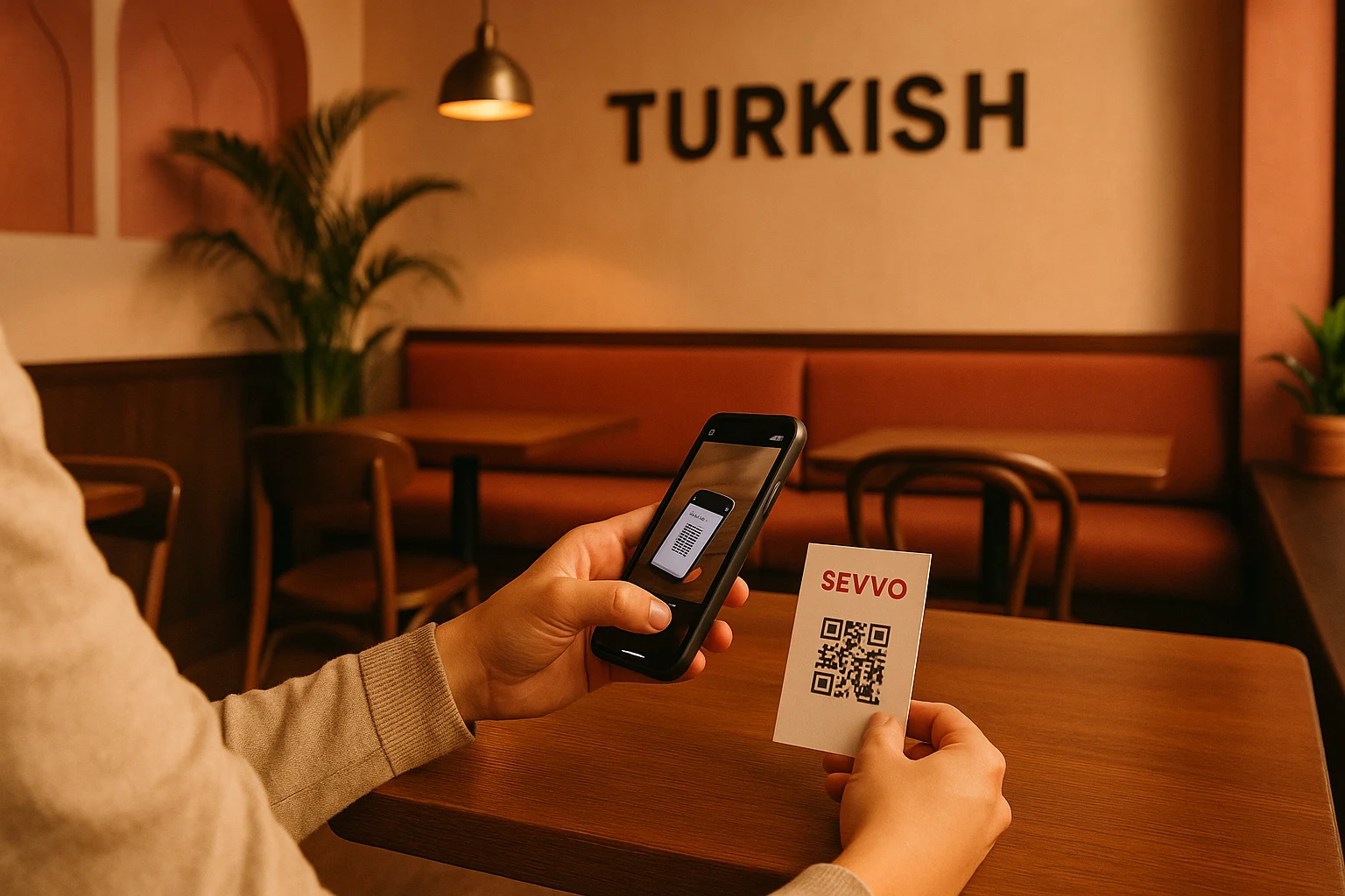 QR being scanned over a cappuccino on a wooden cafe table
